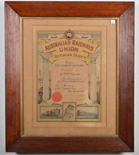 AUSTRALIAN RAILWAYS UNION: An honor certificate from the Australian Railways Union, Victorian Branch, framed and glazed, 70 x 60cm overall