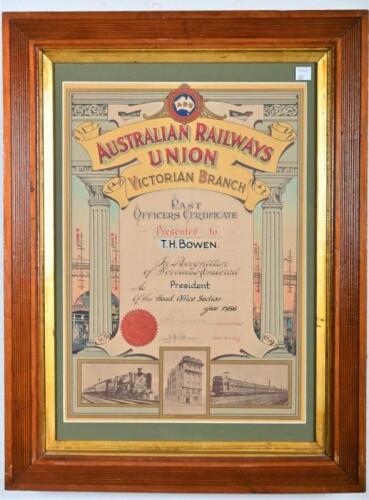 AUSTRALIAN RAILWAY UNION: An honor certificate from the Australian Railways Union, Victorian Branch, framed and glazed, 64 x 46cm overall