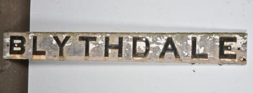 QUEENSLAND RAILWAYS: BLYTHEDALE station name board, cast iron letters on original timber backing board, 195 x 23cm