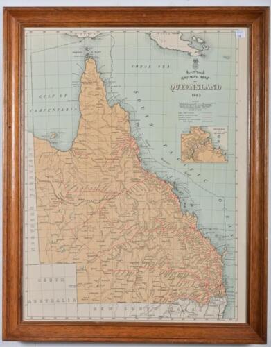 QUEENSLAND RAILWAYS: A glass framed map of the Queensland Railway system in 1953, 72 x 58cm overall