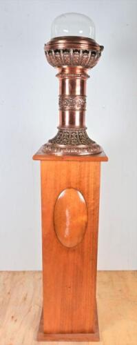 VICTORIAN RAILWAYS: A carriage lamp, copper plated brass with glass bowl on oak stand, the lamp 60cm high, 29cm diameter, 160cm high including stand