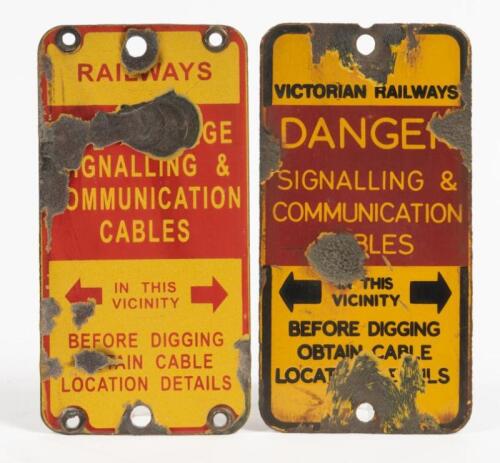 VICTORIAN RAILWAYS: A pair of original Met era enamel signalling cable warning signs, 19.5 x 10cm