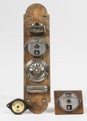 VICTORIAN RAILWAYS: A group of five mounted reservation indicators from various wooden carriages and another, the mounting board 36 x 8cm