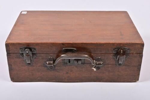 CARRIAGE FITTINGS: An assortment of various carriage fittings from wooden railway carriages in vintage oak case, the case 13cm high, 38cm wide, 26cm deep
