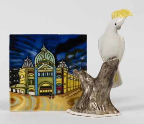 FLINDERS STREET STATION: A hand painted ceramic tile of Flinders Street Station, 15 x 15cm