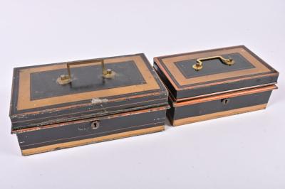 CASH TINS: Two early 20th century cash tins, one box with the original compartments, the largest 11cm high, 30cm wide, 18cm deep