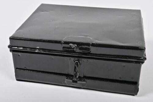 CASH TIN: A tin cash box with with miscellaneous item including two metal whistles, small ink well, coins, etc.