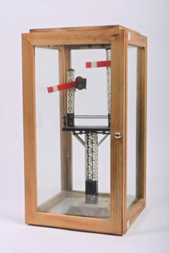 SIGNAL: A large model of lower quadrant double bracket signal in glass display cabinet, missing top glass, 48cm high, 25cm wide, 25cm deep
