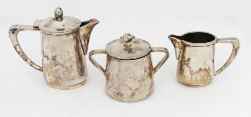 HOKA: A Hoka silverplate tea set, comprising a coffee pot, milk jug and sugar pot, the coffee pot 14cm high