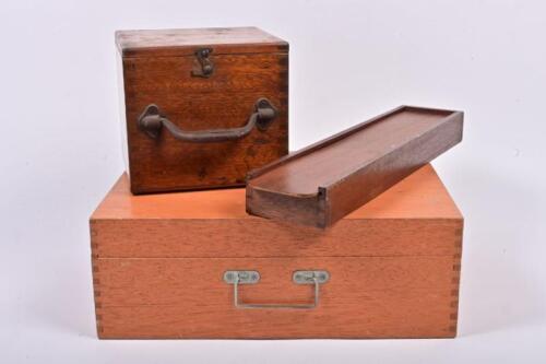 BOXES: Three vintage wooden boxes, the largest 15cm high, 42cm wide, 31cm deep