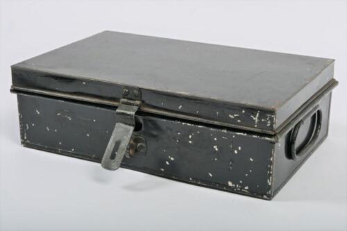 CASH BOX: A vintage black painted steel cash box, 11cm high, 36cm wide, 24cm deep