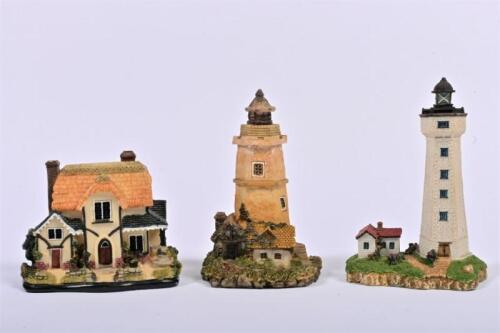 MODEL BUILDINGS: Three HO scale resin buildings, together with a OO scale Hornby-Dublo level crossing, missing one post, the tallest building 15cm high
