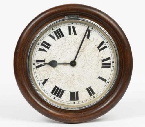 STATION CLOCK: A early 20th century mahogany cased station clock with later battery operated movement, 41cm diameter