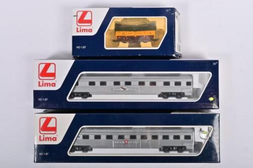LIMA: Two Lima HO gauge dining cars, 'The Ghan' HL4023 and 'The Indian Pacific' HL4028, both in original boxes, together with a Lima freight wagon in original box, the box with tears to one end