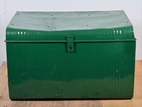 TRUNK: A green painted steel trunk, 48cm high, 75cm wide, 54cm deep