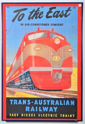COMMONWEALTH RAILWAYS: A promotional poster 'To the Eats' by the Trans-Australian Railway', framed and glazed, missing some glass, 89 x 61cm overall