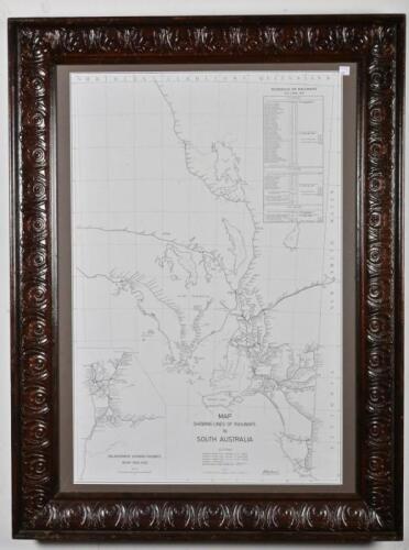 SCHEDULE OF TRAILWAYS: A map showing lines of railways in South Australia, framed in ornately carved frame and glazed, 103 x 78cm