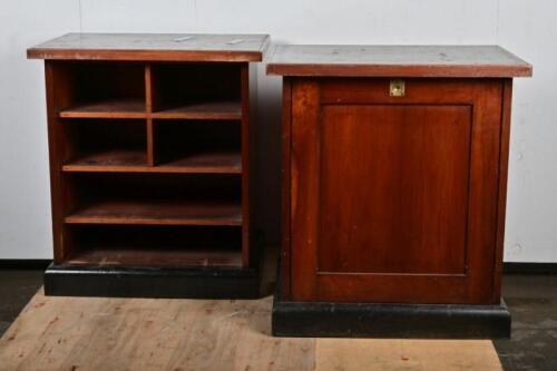 CABINETS: A pair of early 20th century mahogany cabinets, with removable doors opening to shelves and pigeonholes, each 64cm high, 58cm wide, 45xm deep