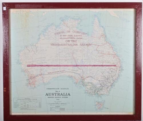 COMMONWEALTH RAILWAYS: An original 1968 Map of Australia showing railway systems, framed, 76 x 89cm overall
