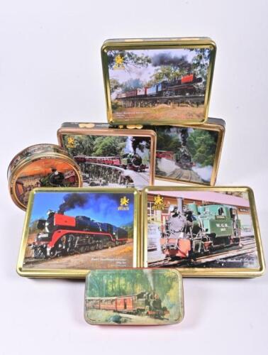 TINS: Ten Mac's biscuit tin with lid depicting steam locomotives and two others, each tin 5cm high, 27cm wide, 21cm deep