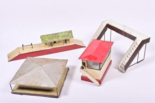 TIN DIORAMA: A vintage scratch built station, signal box and overpass, the signal box 19cm high, 28cm wide, 13cm deep:
