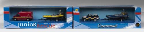 SERVICE VEHICLES: Two NOS 1:72 scale Junior Rescue Service Vehicles including a Police car & a Fire Unit van both with their respective boat