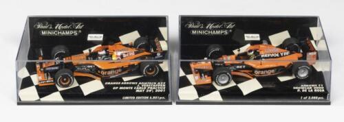 ARROWS F1: Two NOS Limited Edition 1:43 scale Minichamps Arrows F1 including a Show Car 2000 P. De La Rosa #18 & Orange Arrows Asiatech A22 - J. Verstappen - GP Monte Carlo Practice 2001