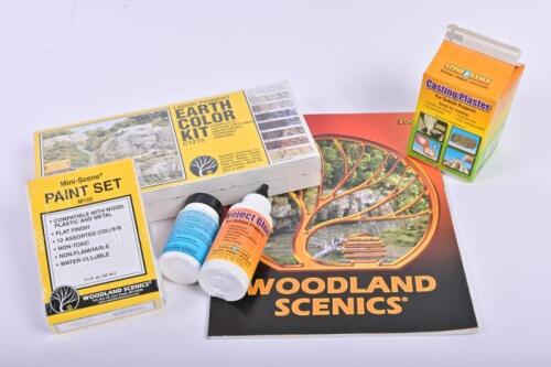 WOODLAND SCENICS: Six NOS Sealed Landscaping items including earth color kit, paint set, casting plaster,sticky bondl project glue & catalogue