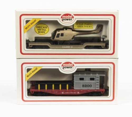 MODEL POWER: Two NOS HO scale model rail Freight Wagons including a 40' Work Caboose #8200 & a Flat wagon with helicopter 'US Army