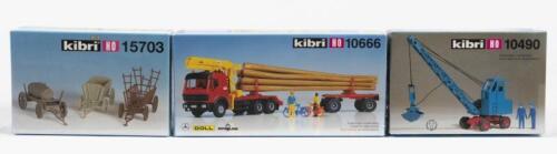 KIBRI: Three NOS Sealed HO scale model rail items including a Truck with log trailer, Crane & Wagons