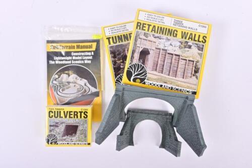 WOODLAND SCENICS: Six NOS model rail items including a small and large tunnel entrance, a timber single tunnel portal, timber retaining walls, culverts & magazine