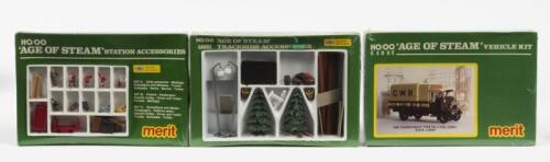 MERIT: Three NOS Sealed HO scale model rail railway accessories including trackside ites, platform trolleys and passengers & GWR 4-ton Lorry kit