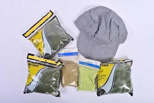 WOODLAND SCENICS: A NOS Poly fiber and Er ground scatter material set & engineer's hat