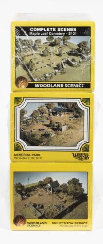 WOODLAND SCENICS: Three NOS Sealed HO scale model rail scenes kits including Smiley's Tow Service, Memorial Park & Maple Leaf Cemetery