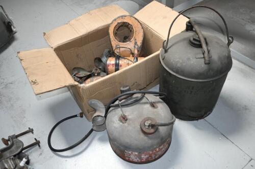 DRUMS/PARTS: Two petrol drums and a box of outboard motor parts