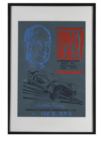 HEALEY: An original 1977 Donald Healey commemorative visit poster, mounted and framed, image 69cm high x 38.5cm wide.