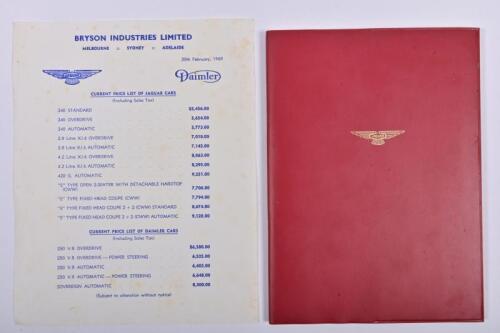 JAGUAR/BRYSON: A rare, original Jaguar operating, maintenance and service handbook for 3.4 litre Mark 2 models with pasted amendments from Bryson's relating to Australian models