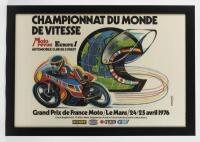MOTORCYCLE GP FRANCE: A rare original poster with artwork by Magnin for the "Grand Prix France Moto, Le Mans, 24/25 Avril 1976, framed and glazed, 38.5cm high x 58.5cm wide.