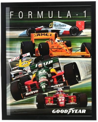 F1: An original early 1990s Goodyear F1 promotional poster featuring 5 F1 cars running Goodyear, 70 x 55cm wide.