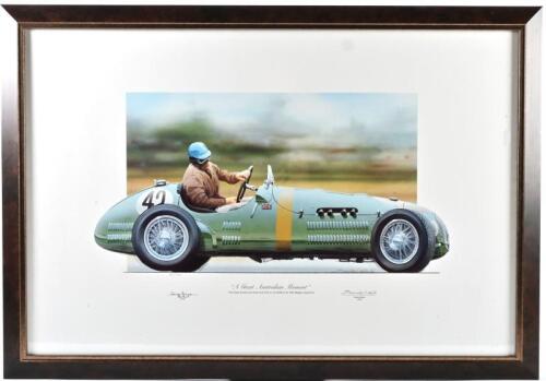 TONY GAZE: A high quality limited (151/350) print by Bernie Walsh featuring Squadron Leader Tony Gaze DFC** OAM racing his HWM at the 1952 Belgian GP, signed with COA