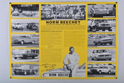 BEECHEY: A commemorative poster featuring highlights of Norm Beechey's racing career, signed in black ink "Norm Beechey, Best Wishes, Impala"