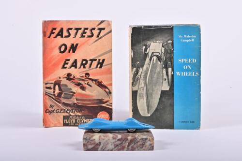 LAND SPEED RECORD: Three items related to Land Speed Records. First edition 'SPEED ON WHEELS' hardcover book by Sir Malcolm Campbell