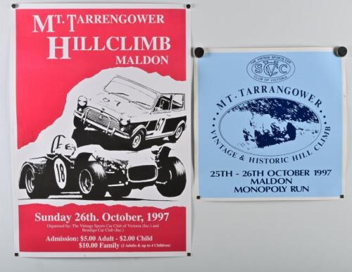 MT.TARRENGOWER: Two Mt.TARRENGOWER Hill Climb items as organised by The Vintage Sports Car Club of Victoria. 'MT.TARRENGOWER HILL CLIMB MALDON, Sunday 26th.October, 1997' poster