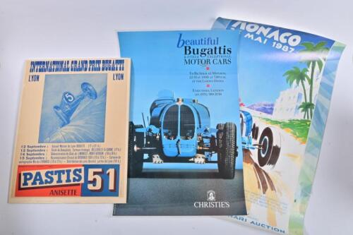 BUGATTI: Three Bugatti related posters. 'MONACO 26 MAI 1987, CHRISTIE'S BUGATTI & FERRARI AUCTION' poster
