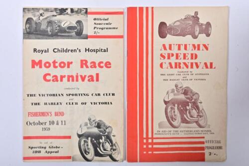 FISHERMEN'S BEND: Two 1959 Fishermen's Bend Official Programmes. 'AUTUMN SPEED CARNIVAL - FISHERMEN'S BEND - 21st/22nd FEBRUARY, 1959' & 'Royal Children's Hospital - Motor Race Carnival - FISHERMEN'S BEND, October 10 & 11, 1959' Programmes