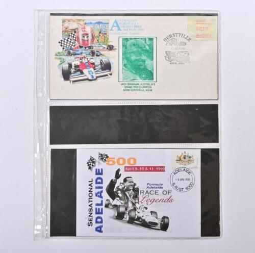 BRABHAM: Two Sir Jack Brabham First Day Cover Envelopes. 1985 Australian Formula 1 Grand Prix & SENSATIONAL ADELAIDE 500 Envelopes
