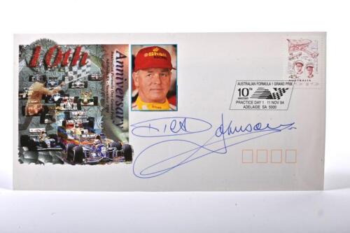 JOHNSON: A 1994 'AUSTRALIAN FORMULA ONE GRAND PRIX 10th ANNIVERSARY, PRACTICE DAY 1, 11 NOV 1994, ADELAIDE, SOUTH AUSTRALIA' envelope signed by Dick Johnson