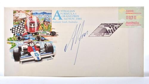 JONES: A 1985 'AUSTRALIAN FORMULA ONE GRAND PRIX ADELAIDE, 3rd NOV.1985, Adelaide South Australia' First Day Cover envelope signed by Alan Jones