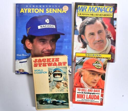 FORMULA 1: Four books detailing the racing careers of various Formula 1 drivers. 'REMEMBERING AYRTON SENNA' hardcover book by Alan Henry