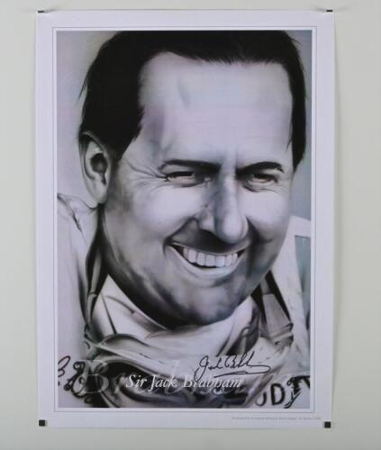 BRAHAM: A print after the artwork by Darren Argaet of Sir Jack Brabham, hand signed in black marker, 42cm high x 29.5m wide.